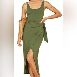 Reformation Kaila Olive Green Knit Midi Dress Wrap Tie Slit XS